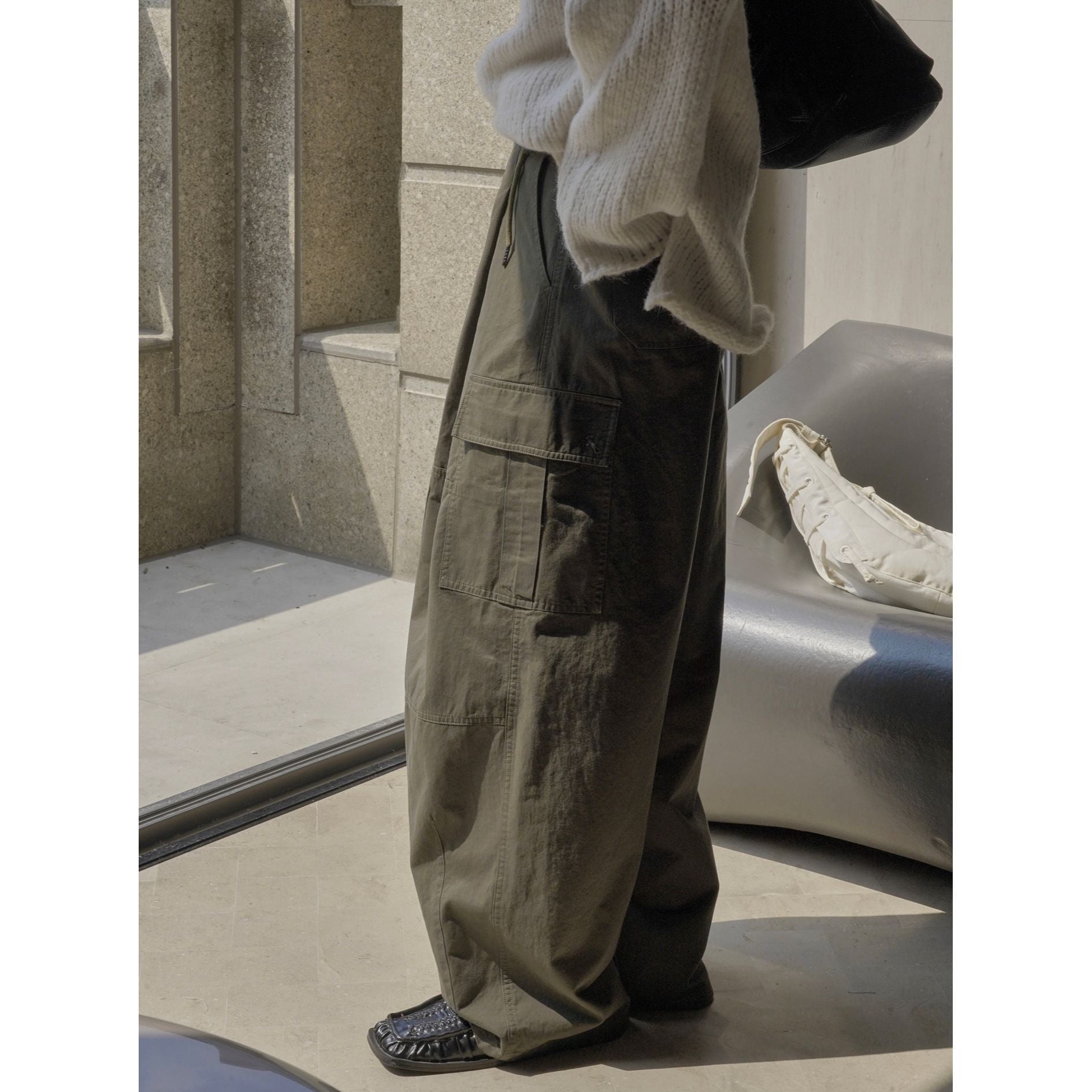 Women's Wide High-Waist Cargo Palazzo Pants with Drawstring Waistband and Patch Pockets Chichicherry
