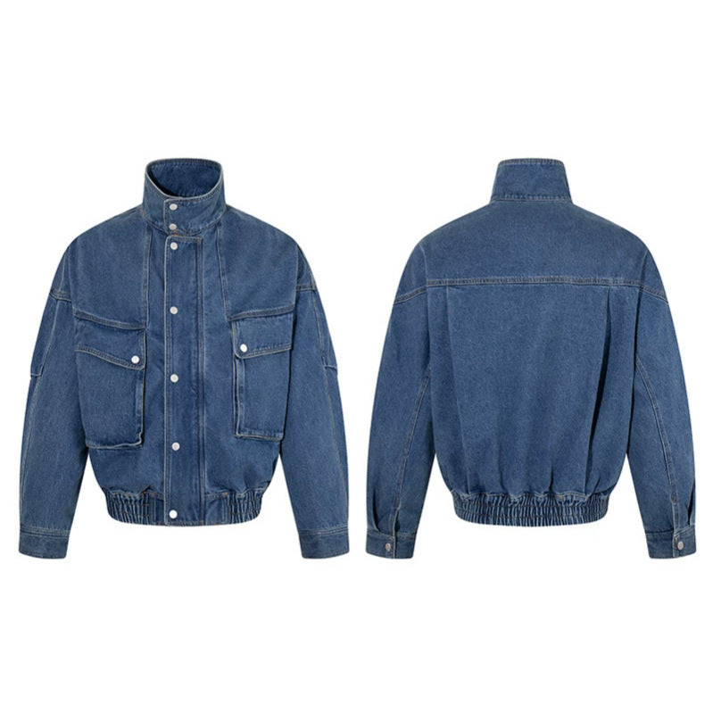 Women's Oversized Denim Jacket with Stand-up Collar, Press Stud Placket and Patch Cargo Pockets Chichicherry