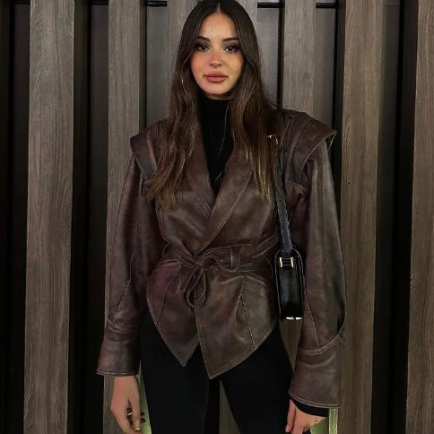 Ladies short jacket made of suede look with wrap belt, shawl collar and lacing detail Chichicherry