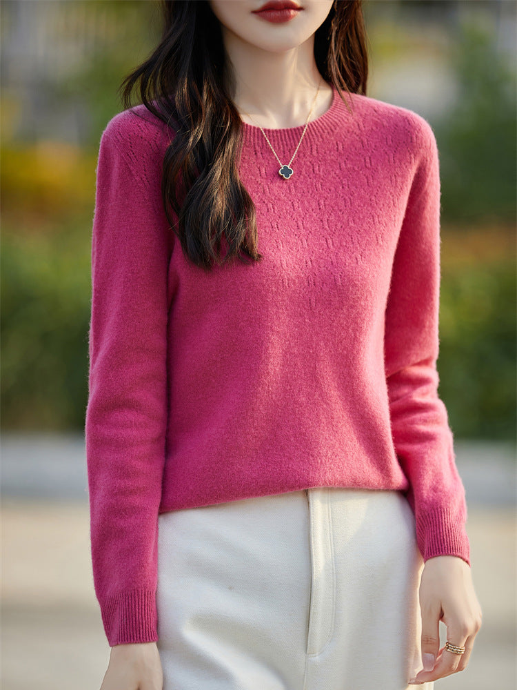 Women's Soft Round Neck Sweater in Cashmere Look with Fine Openwork Pattern and Snug Fit Chichicherry