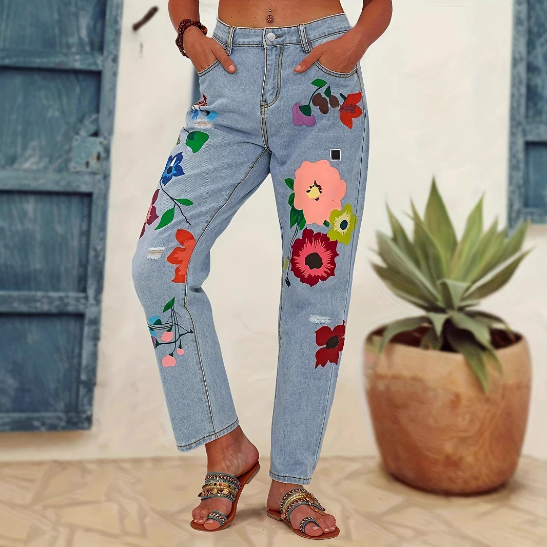 Ladies straight-cut jeans with colorful floral appliqués and light destruction details Chichicherry