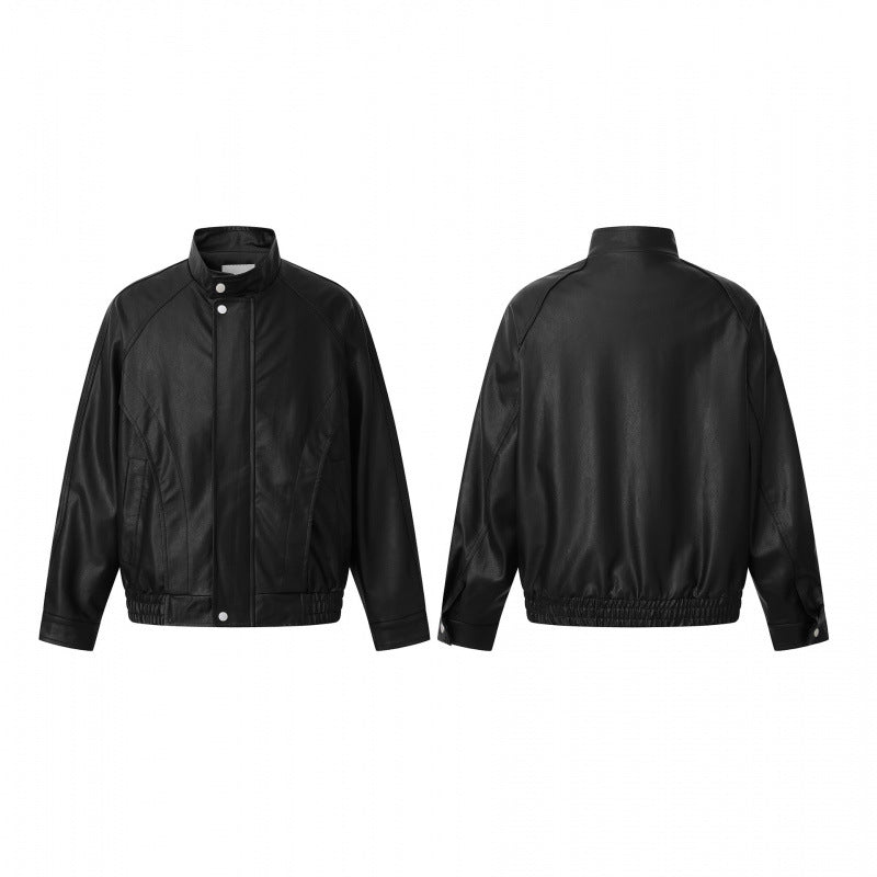 Unisex short-cut boxy faux leather bomber jacket with high stand-up collar, snap button placket, and elastic hem Chichicherry