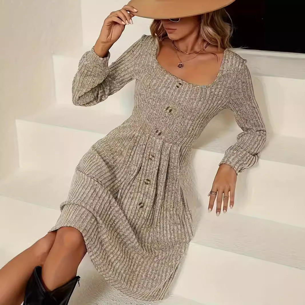 Women Tailored Ribbed Knit Midi Dress with Boat Neck and Decorative Button Placket Chichicherry
