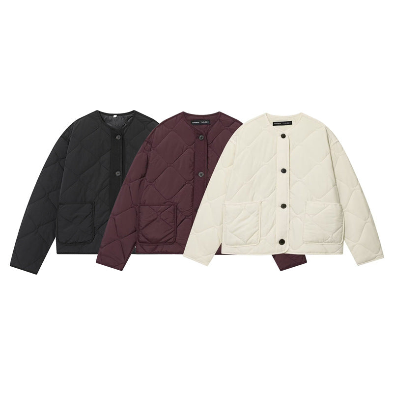 Women's Quilted Oversized Quilted Jacket with Round Neckline, Patch Pockets and Button Placket Chichicherry