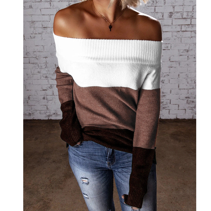Women Off-Shoulder Colorblock Knit Sweater with Folded Collar Chichicherry