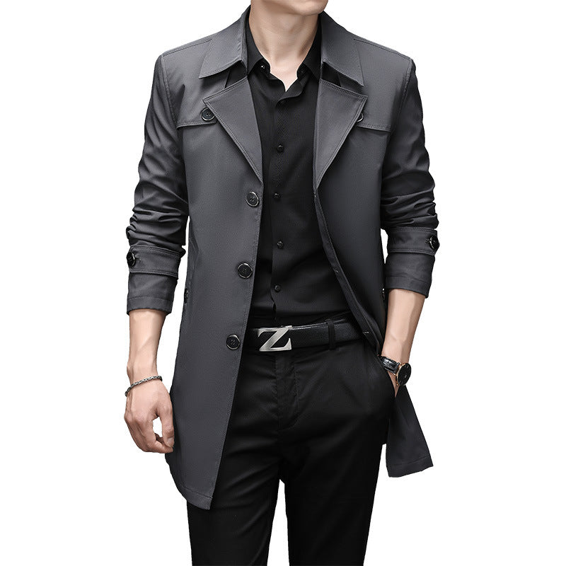 Men's Slim Fit Trench Coat with Lapel Collar and Subtle Button Placket Chichicherry