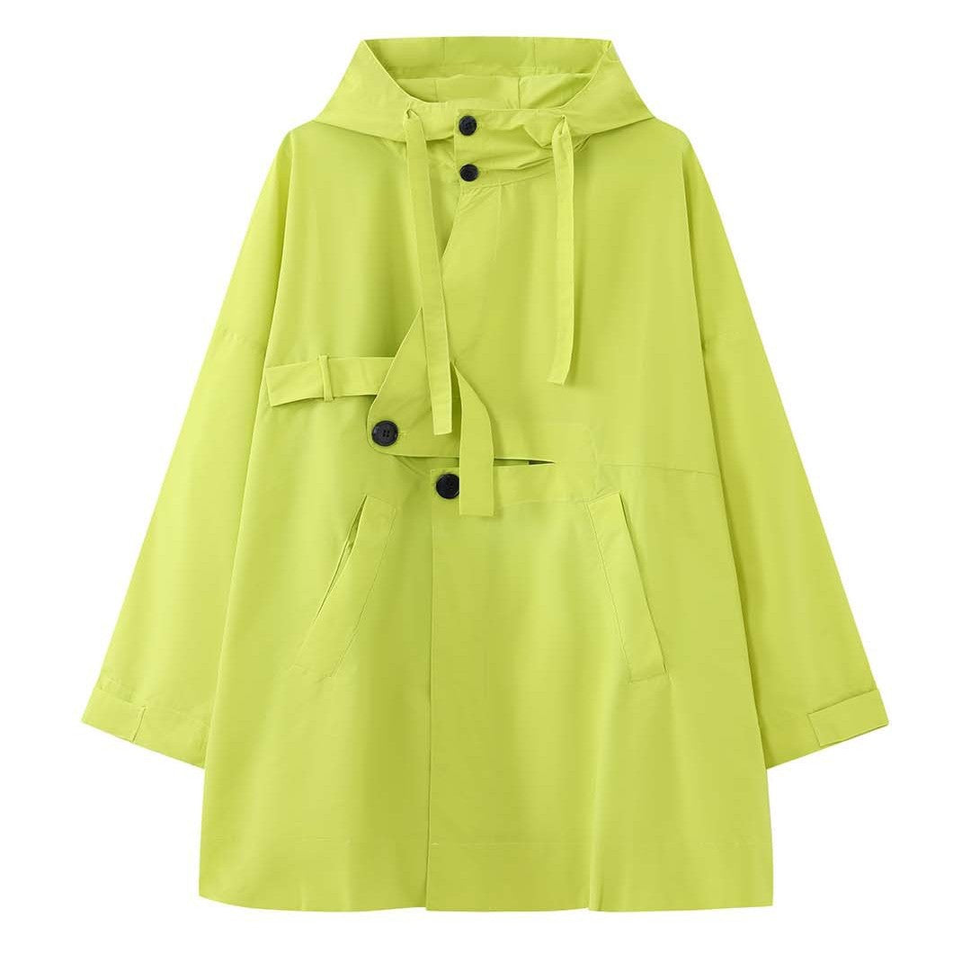 Ladies Oversize Rain Parka with Hood, High Stand Collar and Concealed Button Placket Chichicherry