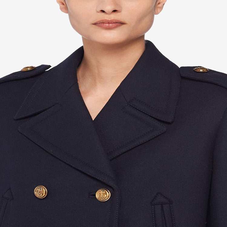 Women Double-breasted military-inspired Maxi Wool Coat with Epaulets and Decorative Straps Chichicherry