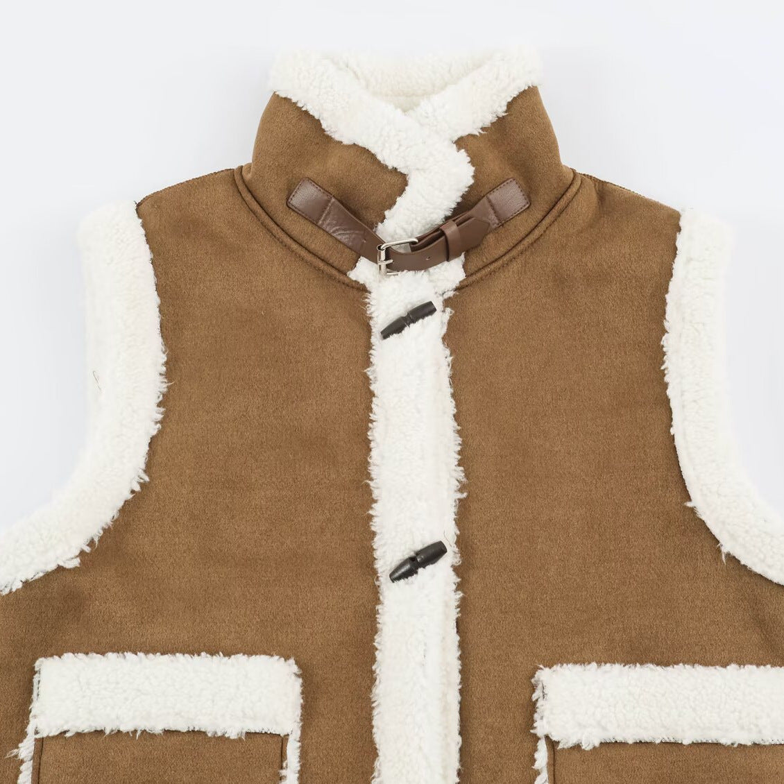 Women's Sleeveless Lambskin-Look Vest with Stand-Up Collar and Toggle Closures Chichicherry