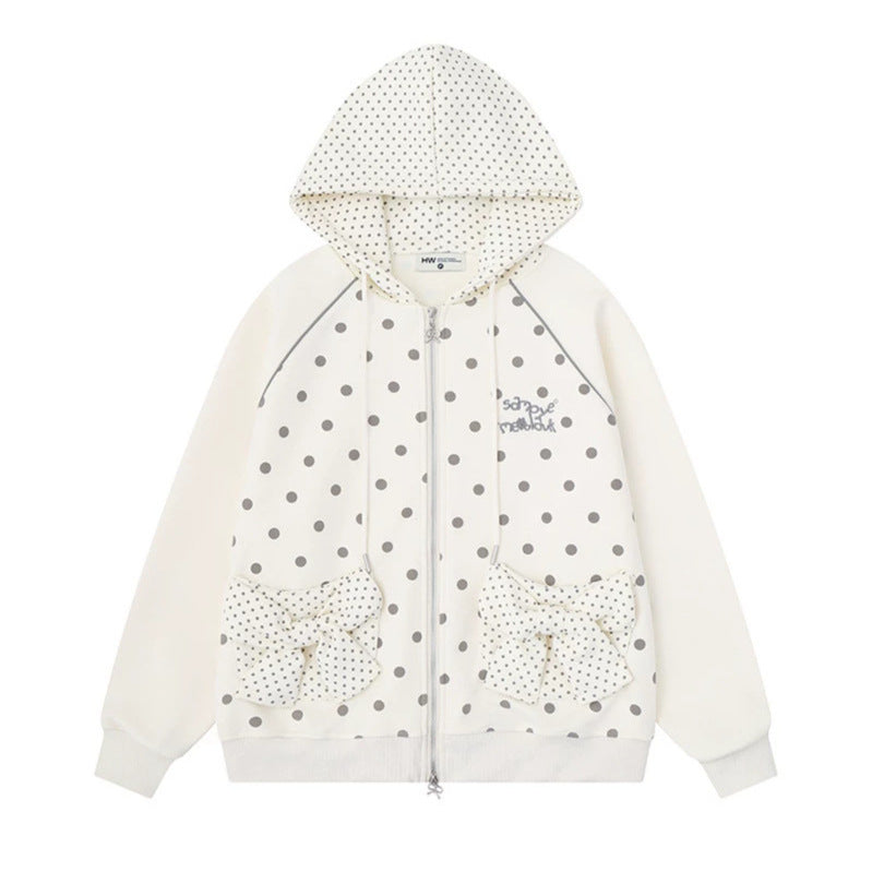 Women Polka Dot Zip Hooded Jacket with Bow Pockets and Raglan Sleeves Chichicherry