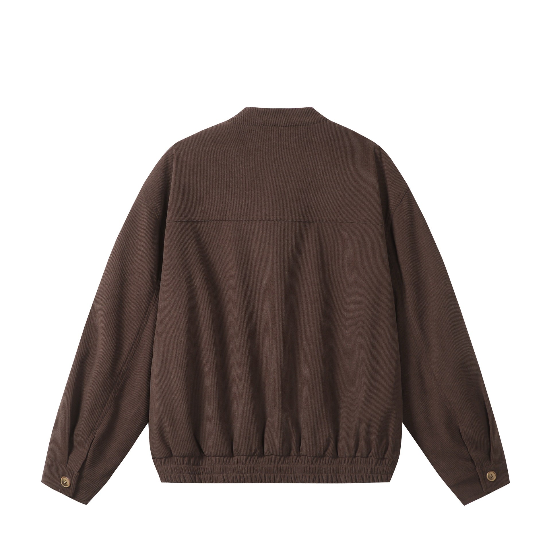 Unisex loose-fitting corduroy blouson jacket with stand-up collar, full-length zipper, and elastic hem Chichicherry