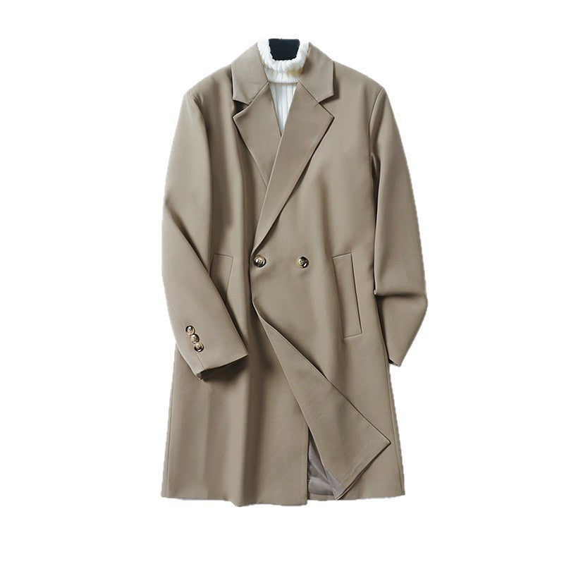 Men's Double-Breasted Wool Blend Coat with Extended Length and Classic Lapels Chichicherry