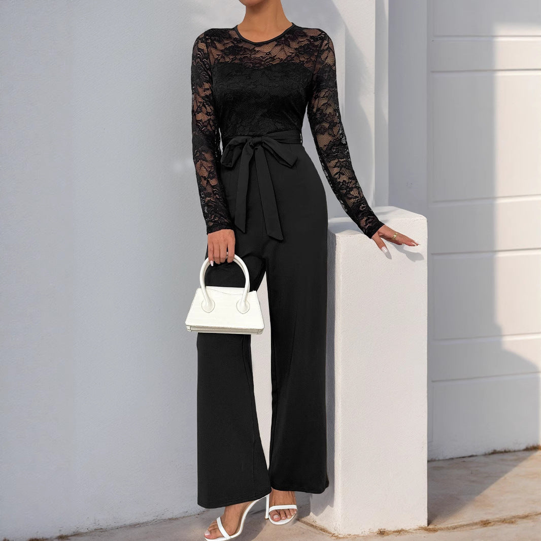 Women's Elegant Jumpsuit with Transparent Lace Top, Waist-Defining Tie Belt & Wide Palazzo Leg