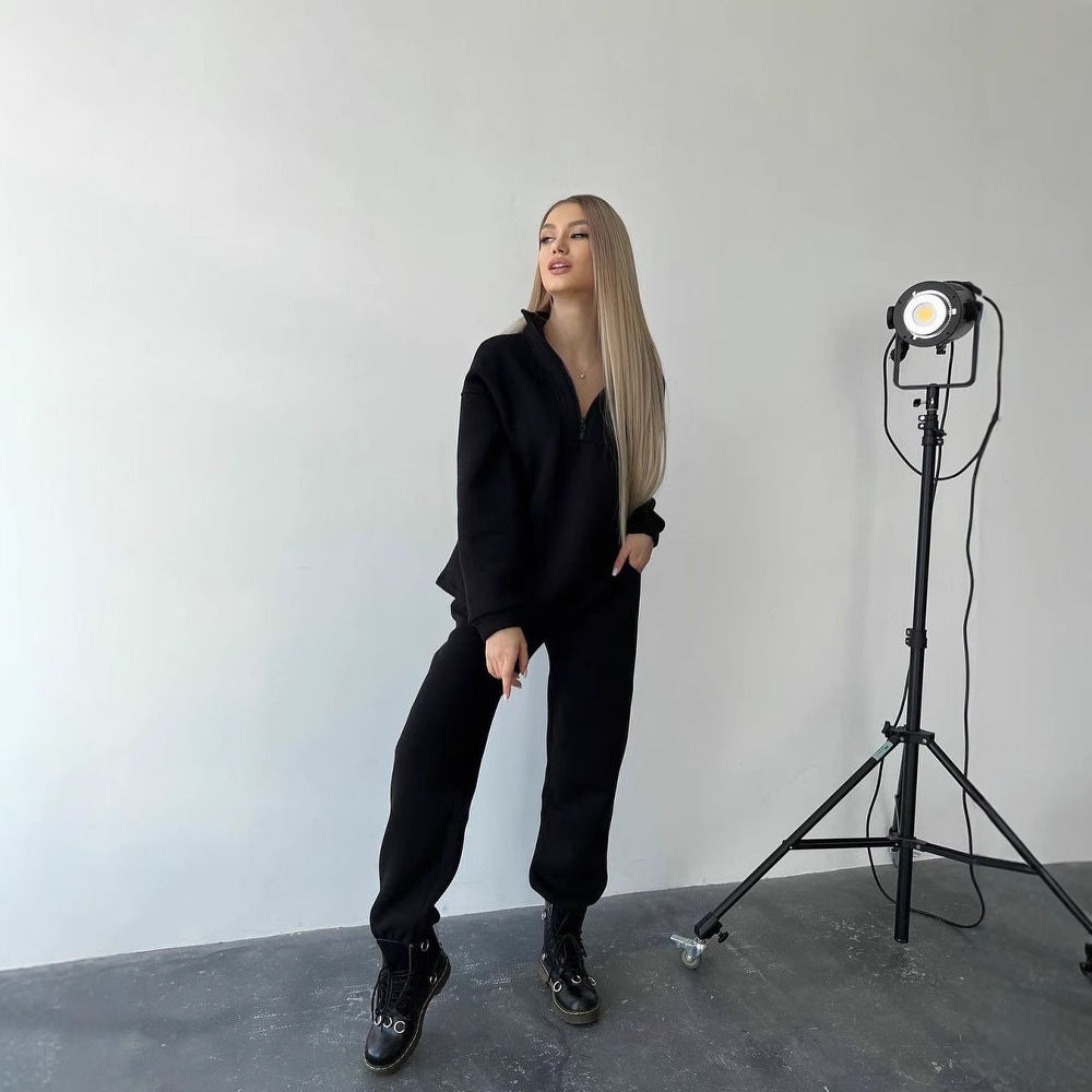 Damen Cropped-Sweatshirt-Set mit hohem Kragen und High-Waist-Jogginghose Chichicherry