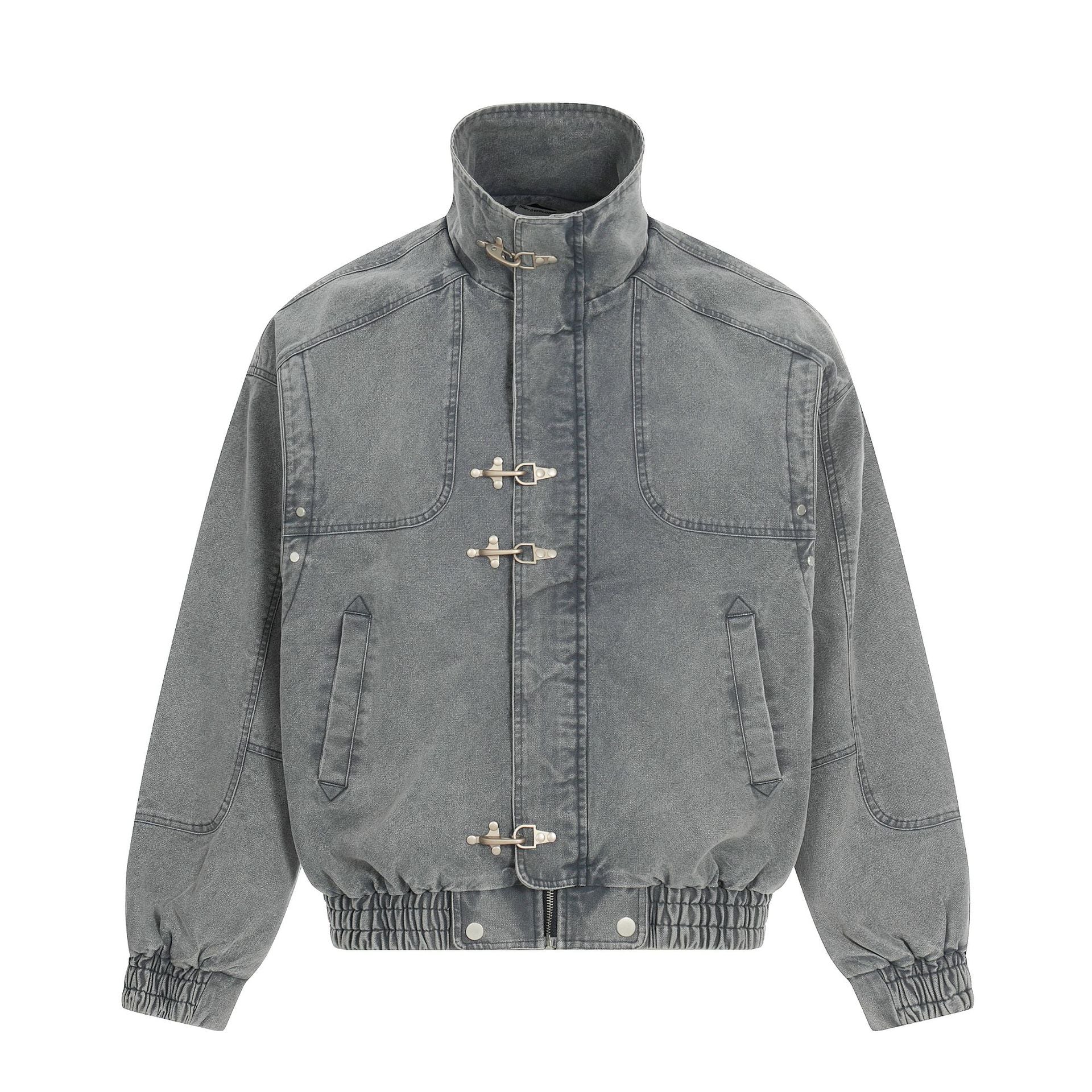 Men's Short-Cut Canvas-Denim Field Blouson with Toggle Closures and High Stand-Up Collar Chichicherry