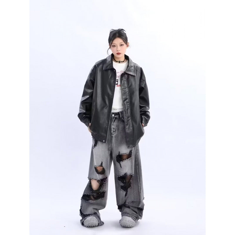 Damen Oversized Kunstleder-Blouson mit elastischem Saum und Hemdkragen Chichicherry