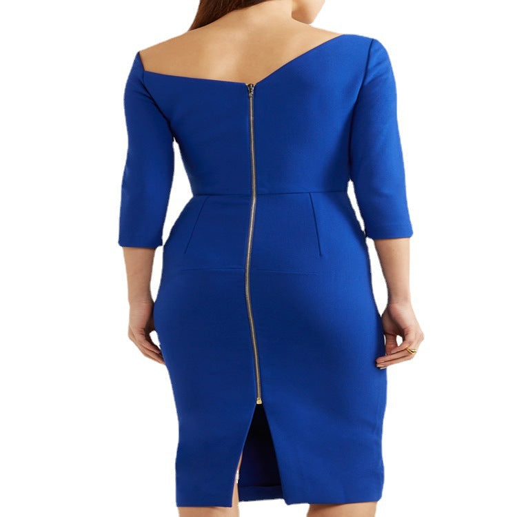 Ladies Figure-hugging Pencil Dress with Off-shoulder Carmen Collar and Three-quarter Sleeves Chichicherry