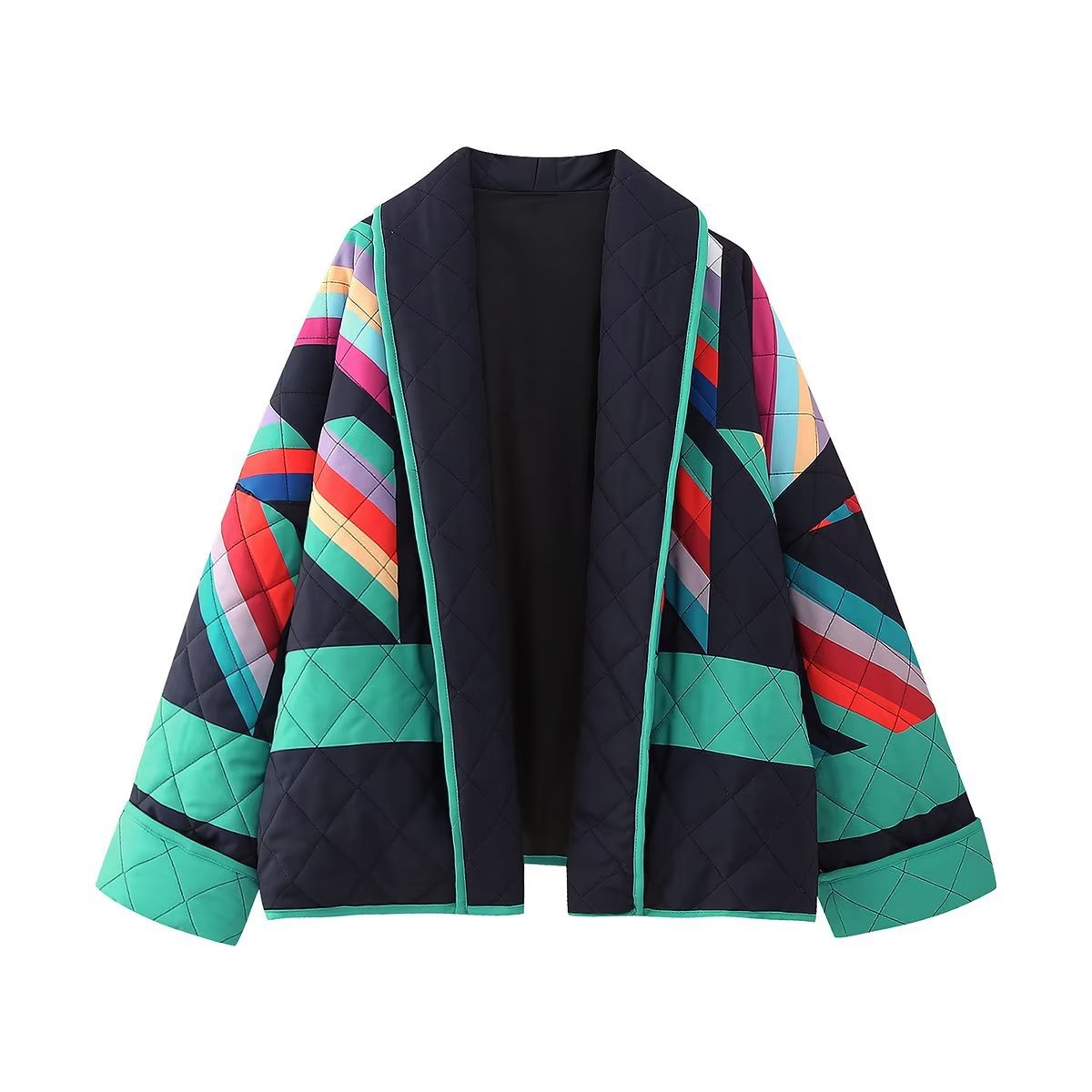 Women's Padded Kimono Jacket with Geometric Color Block Print and Open Front Chichicherry