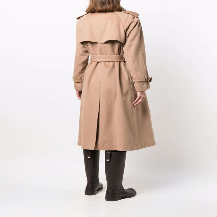 Women's Midi Length Wool Blend Trench Coat in Tailoring with Double Breasted, Waist Belt and Epaulettes Chichicherry