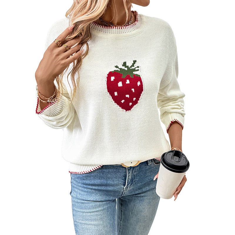 Women's Casual Boxy Knit Sweater with Strawberry Intarsia, Ribbed Hem and Round Neckline Chichicherry