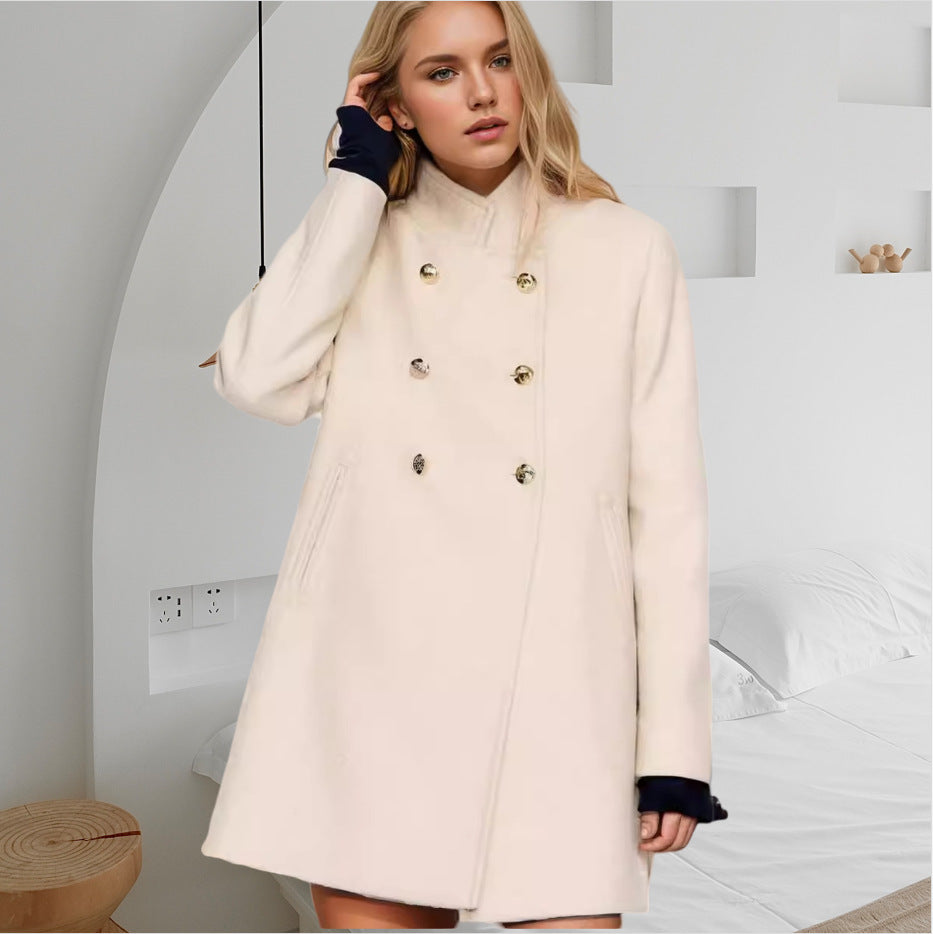 Women's Double-breasted Long Coat with Stand Collar and Decorative Buttons Chichicherry