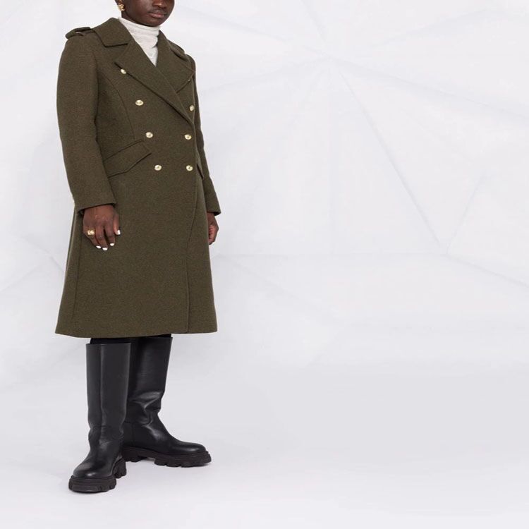 Women A-line Wool Blend Coat with Double-breasted Tailoring, Metal Buttons and Flap Pockets Chichicherry