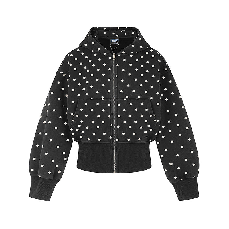 Women Short Hooded Sweat Jacket with Full Zip, Polka Dot Allover and Wide Ribbed Cuff Chichicherry