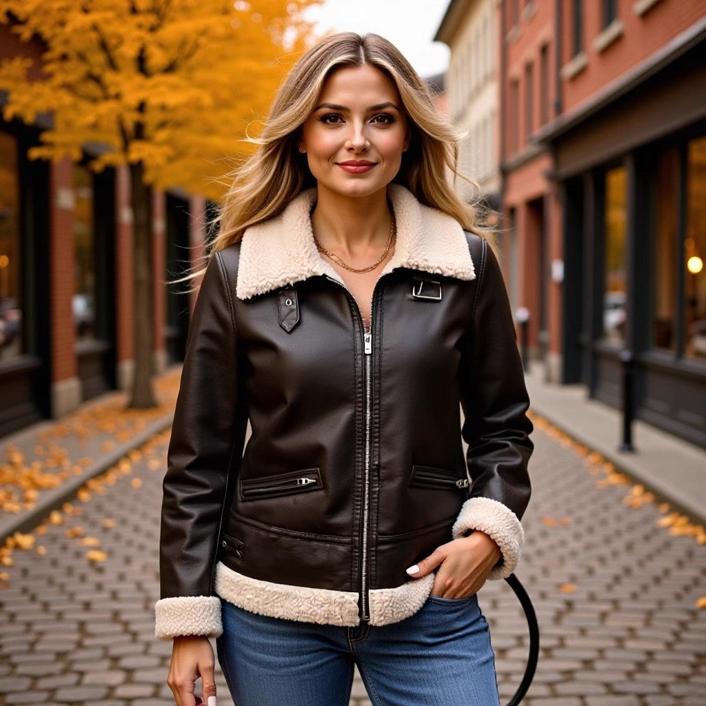 Women's Oversize Pilot Jacket made of Faux Leather with Teddy Collar and Zipper Pockets Chichicherry