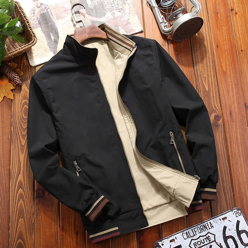 Men's Lightweight Bomber Jacket in Urban Utility Look with Striped Ribbed Cuffs & Zipper Pockets Chichicherry