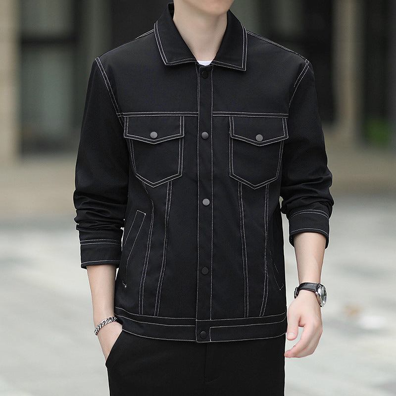 Men's lightweight canvas trucker jacket with visible contrast stitching and chest flap pockets Chichicherry