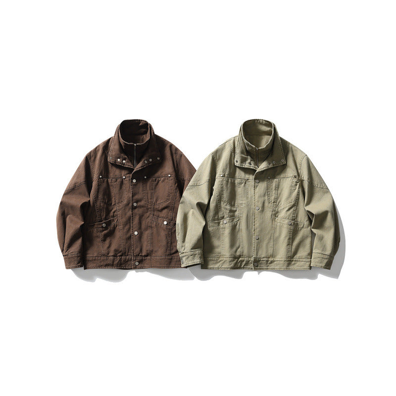 Men's Oversized Canvas Jacket with Stand-Up Collar, Snap Button Front and Concealed Zipper Interior Insert Chichicherry