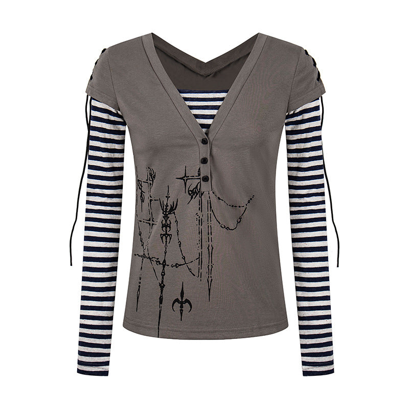 Women's Layered Long Sleeve Shirt with V-Neck, Striped Inner Layer and Lacing Detail Chichicherry