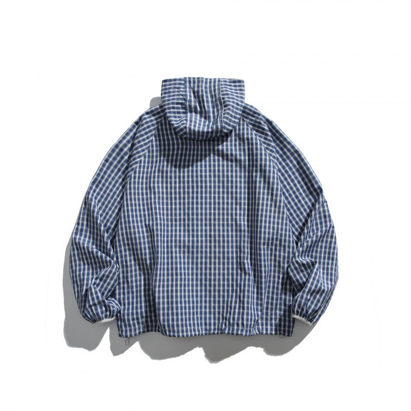 Unisex Lightweight Checked Windbreaker Jacket with Hood, Raglan Sleeves, and Drawstring Chichicherry