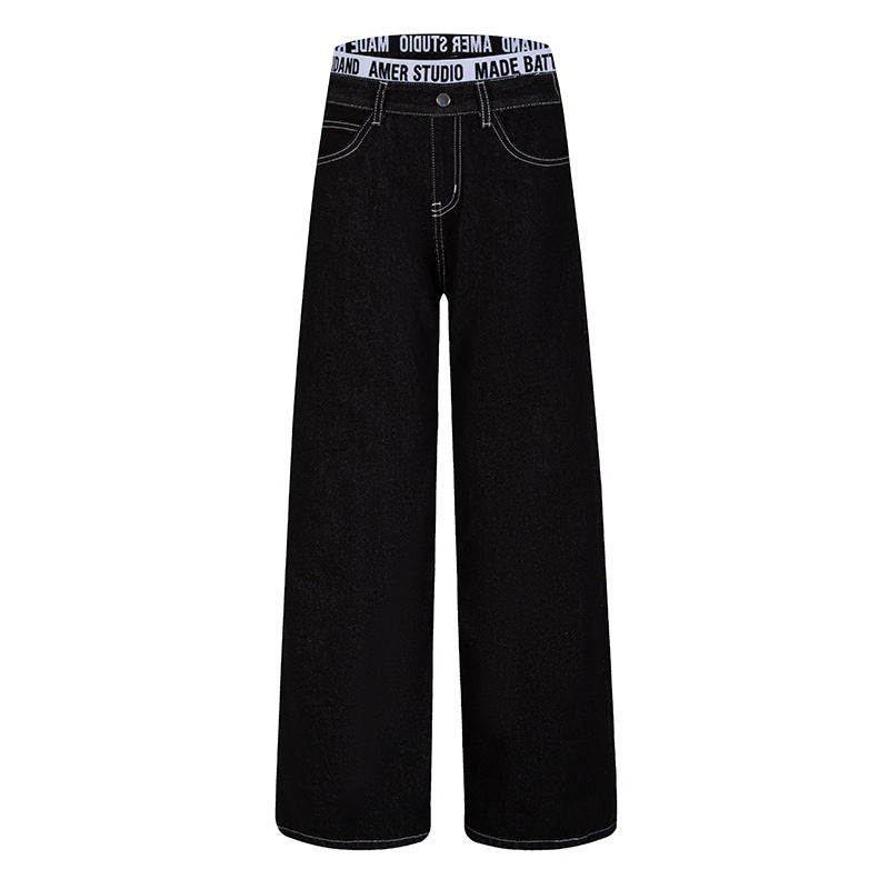 Women Wide High-Waist Denim Pants with Logo Elastic Waistband and Palazzo Silhouette Chichicherry