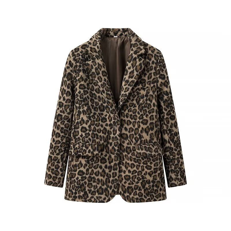 Women's Leopard Print Boucle Blazer with Notched Collar and Flap Pockets Chichicherry