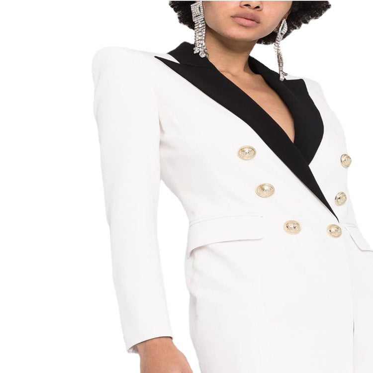 Women's Evening Blazer Dress Maxi with Contrast Lapels and Slit Chichicherry