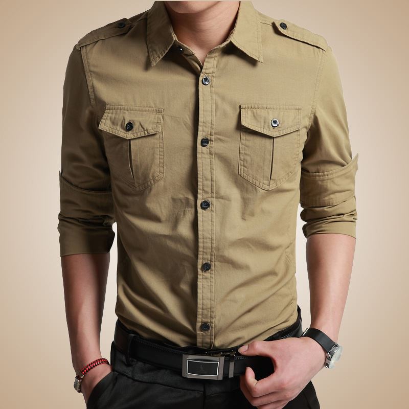 Men's Slim-Fit Cotton-Blend Utility Shirt with Shoulder Flaps and Chest Patch Pockets Chichicherry
