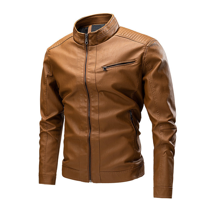 Men's Faux Leather Moto Jacket with Stand Collar, Quilted Shoulder Yoke and Slim Silhouette Chichicherry