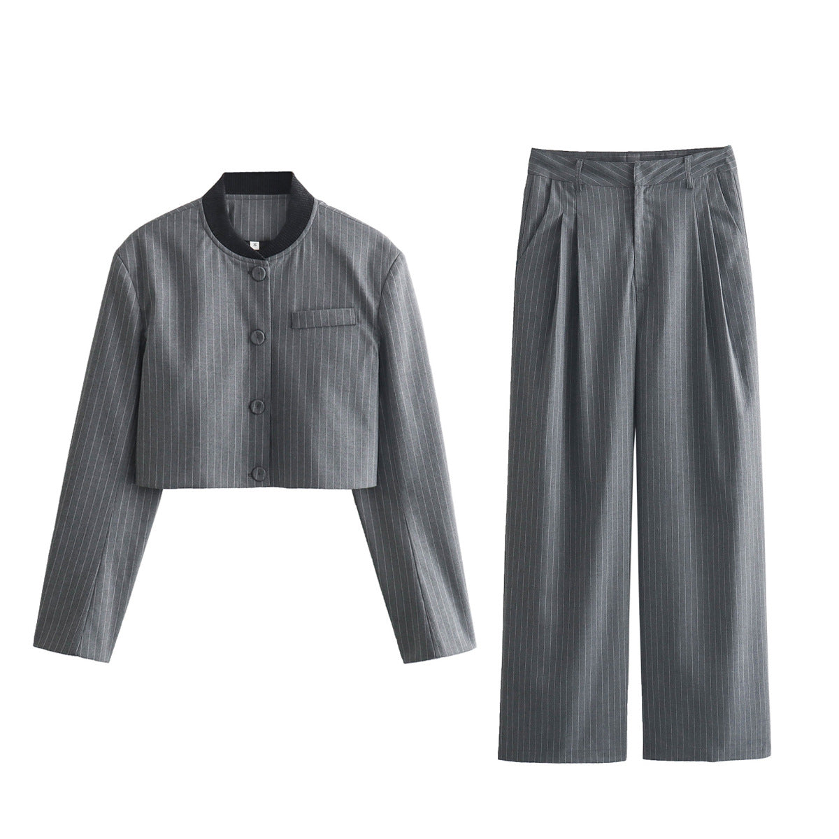 Women Two-Piece Pinstripe Suit Set with Short Stand Collar Blazer and Wide Pleat Pants Chichicherry