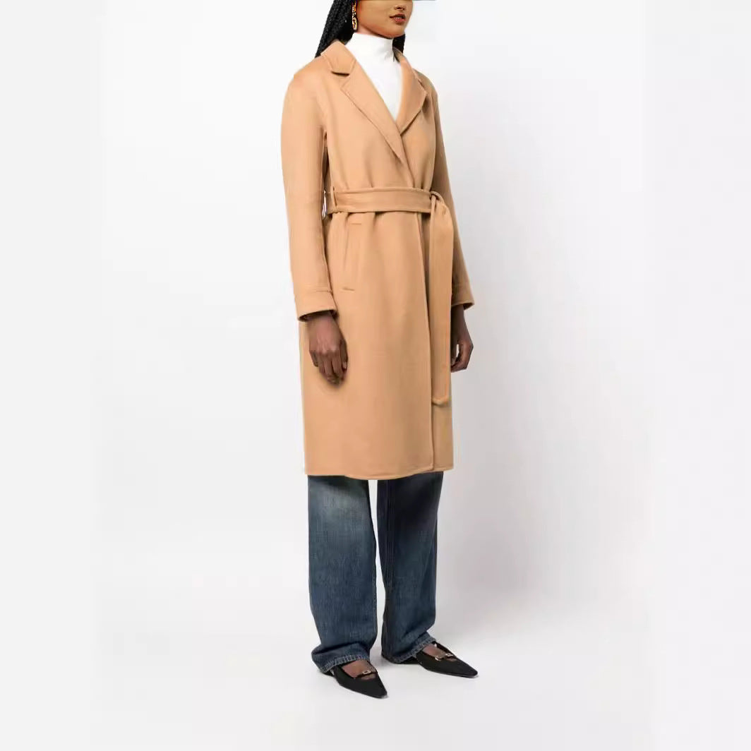 Women's Midi-Length Wrap Coat in Clean-Cut made of Wool-Cashmere Blend with Tie Belt Chichicherry