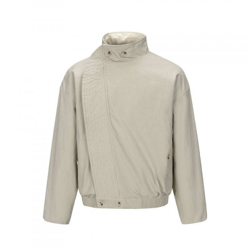 Men's Asymmetric Short Jacket with Stand Collar, Quilted Front Placket and Elastic Hem Chichicherry