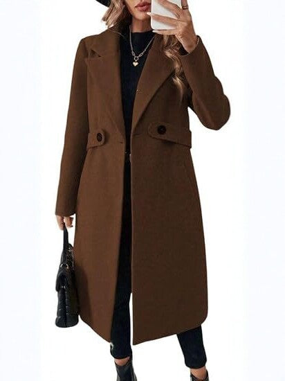 Women's mid-length wool blend coat with waist flap and classic lapel Chichicherry
