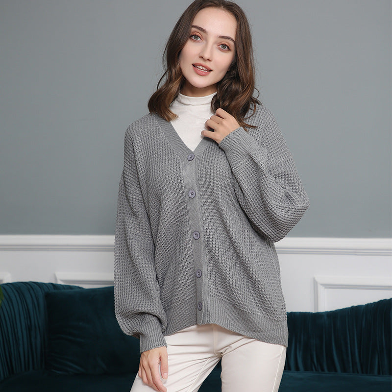 Women Waffle Structure Cardigan with Deep V Neck and Boxy Oversized Cut Chichicherry