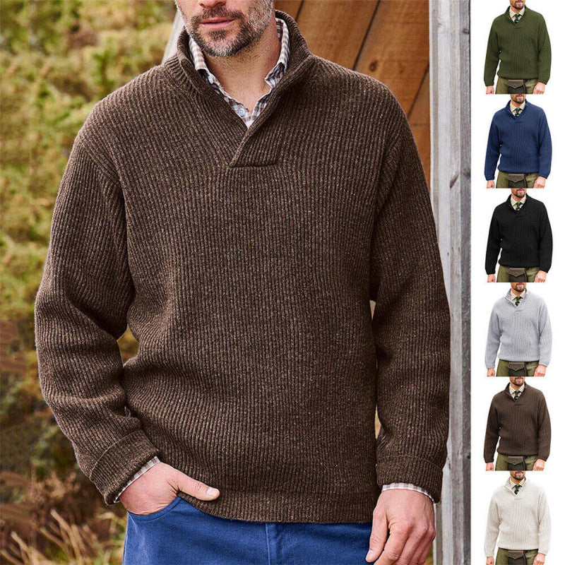 Men's ribbed knit pullover with shawl collar and short V-neck Chichicherry