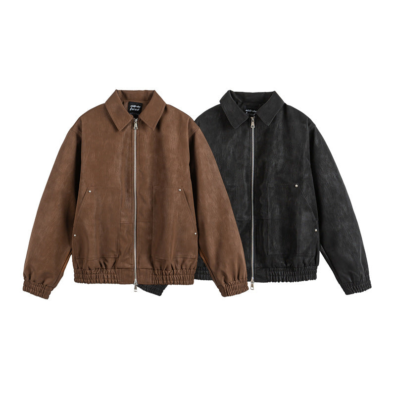 Men's leather-like blouson with shirt collar, two-way zipper, and elastic hem Chichicherry