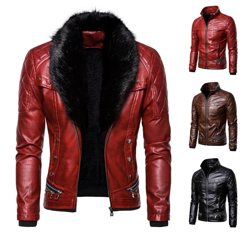Men's biker leather jacket in vintage look with quilted shoulder and wide faux fur collar Chichicherry
