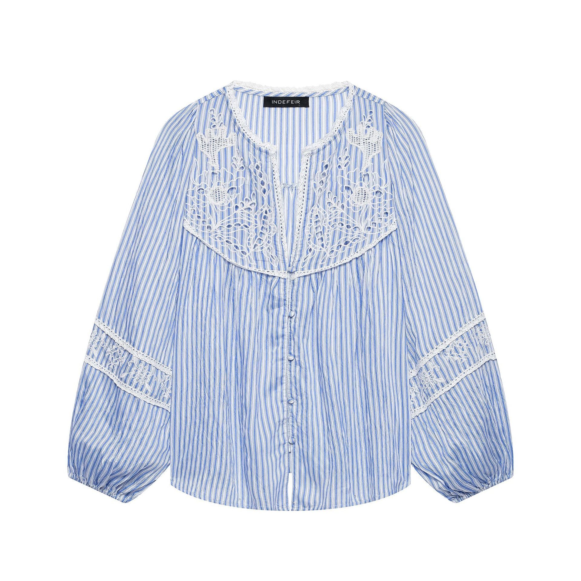 Ladies Striped Blouse with Crochet Lace, Balloon Sleeves and Button Placket Chichicherry