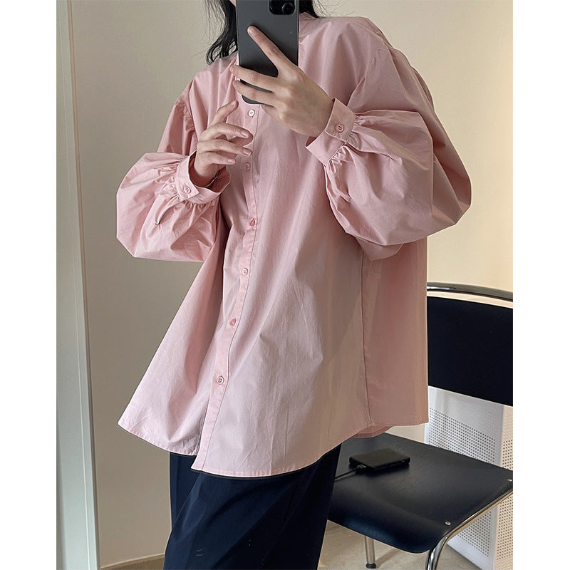 Women's Oversized Cotton Blouse with Stand Collar and Balloon Sleeves Chichicherry