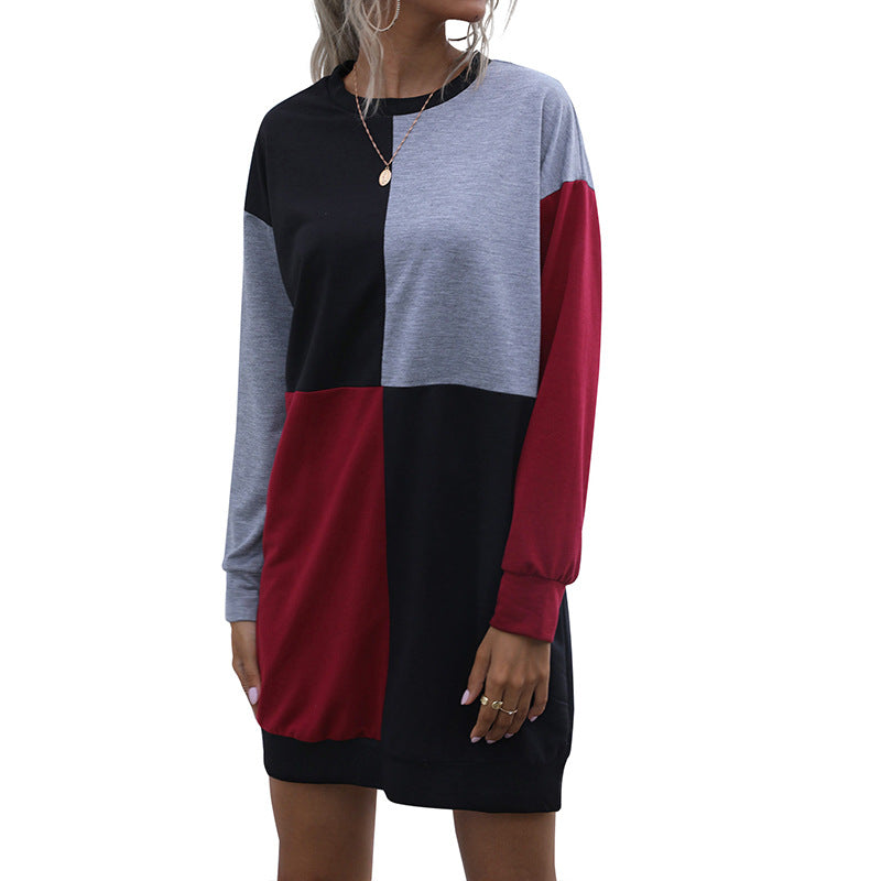 Women's Loose Block Design Sweatshirt Dress with Oversize Fit and Cuffs