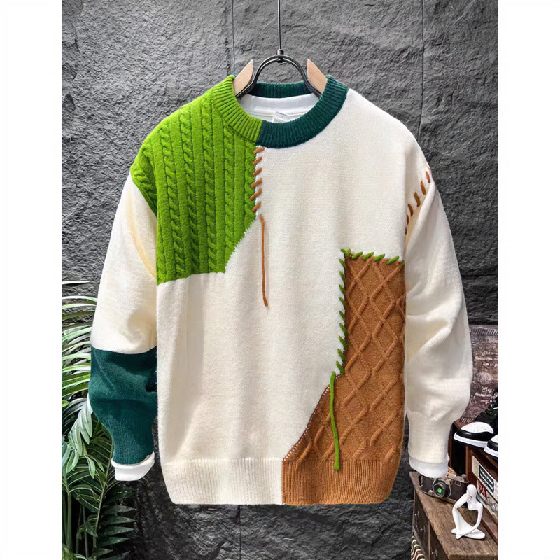 Unisex Patchwork-Oversize-Strickpullover mit Zopf- und Rautenmuster, dekorativen Kontrastnähten und Rundhalsausschnitt Chichicherry